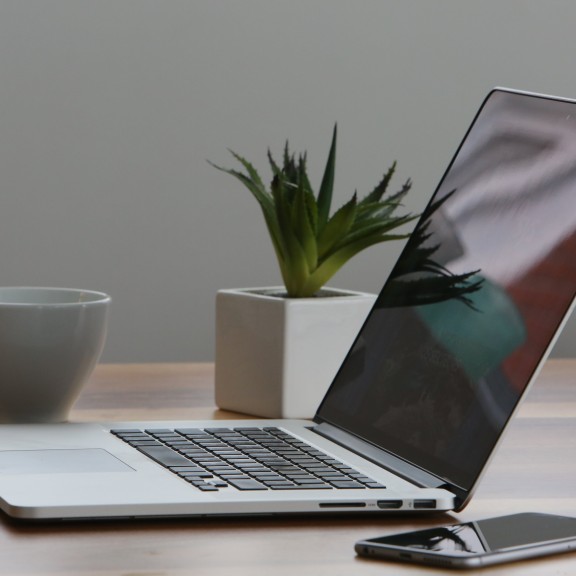 Remote work scene with a laptop, coffee cup, cell phone, and plant on desk or table.